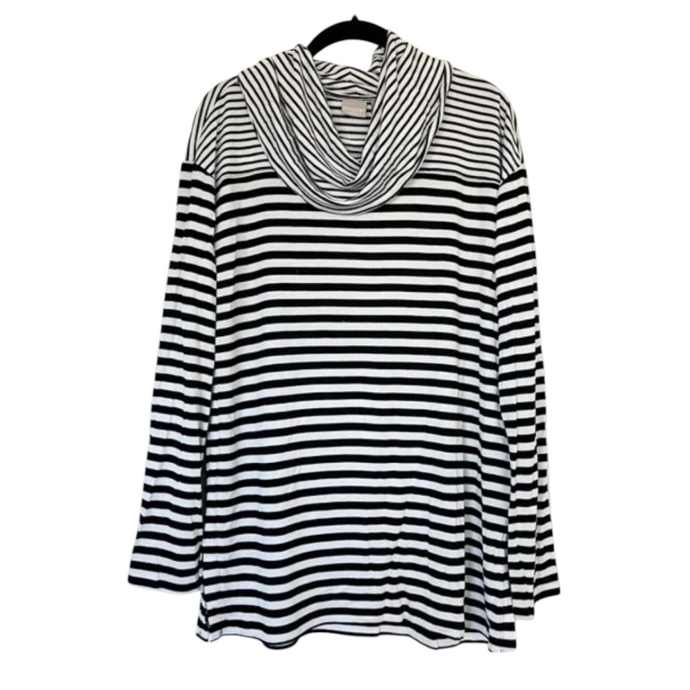 CHICO'S ZENERGY Black/White Stripe JERSEY TUNIC TOP Cowl Neck Side Slits M/1